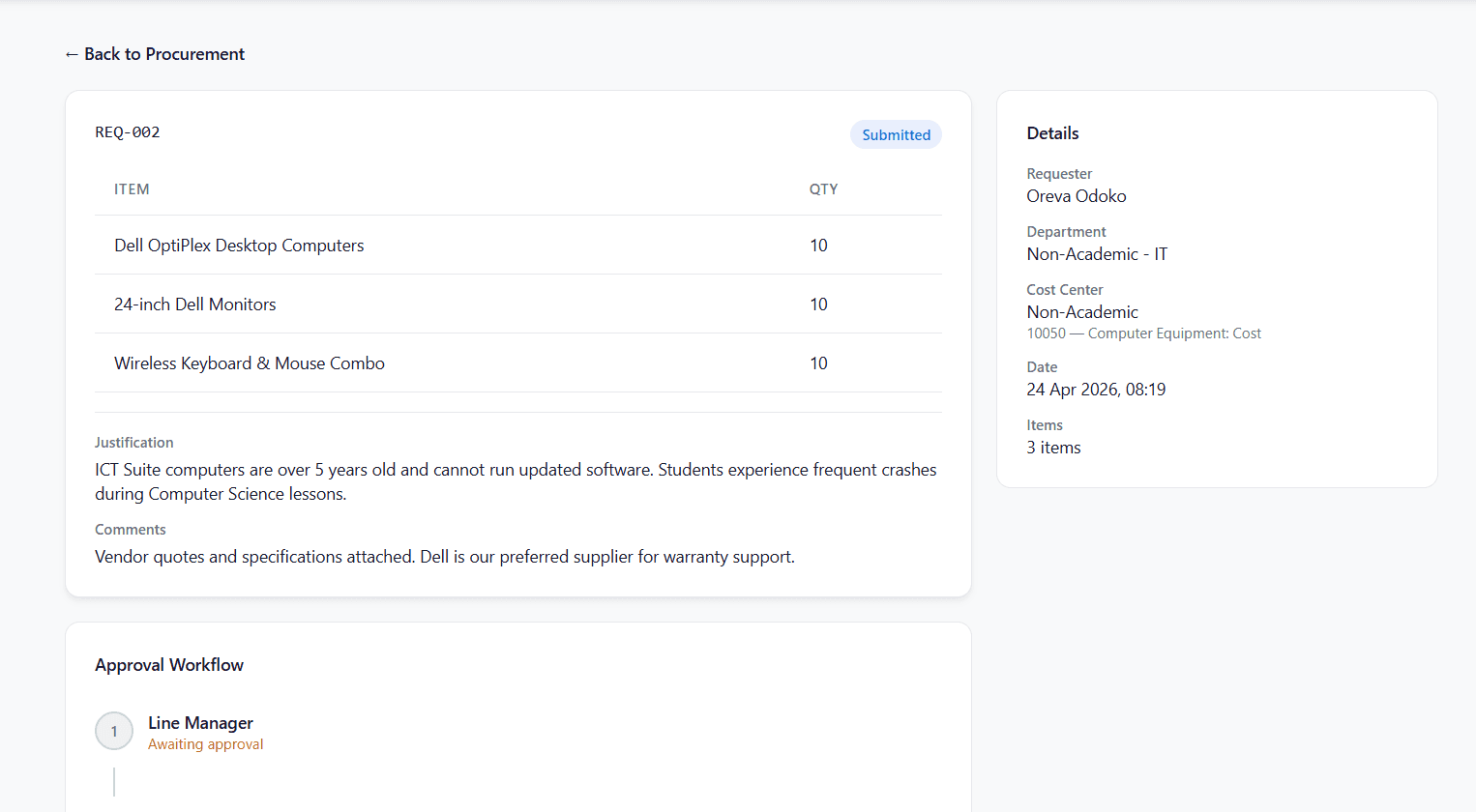 FixDesk Procurement — approval chain and requisition management